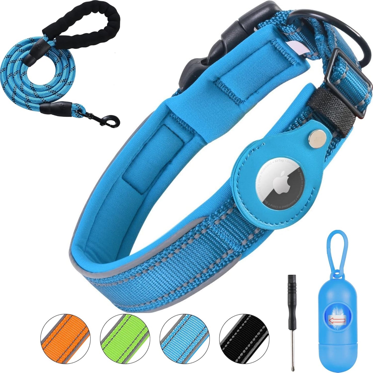 Airtag Dog Collar with Holder Case 1.5 Ft Heavy Duty Reflective Leash Soft Breathable Padding and Cat Air Tag GPS for Small Medium Large Dog(Blue M)