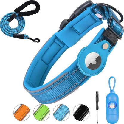 Airtag Dog Collar with Holder Case 1.5 Ft Heavy Duty Reflective Leash Soft Breathable Padding and Cat Air Tag GPS for Small Medium Large Dog(Blue M)